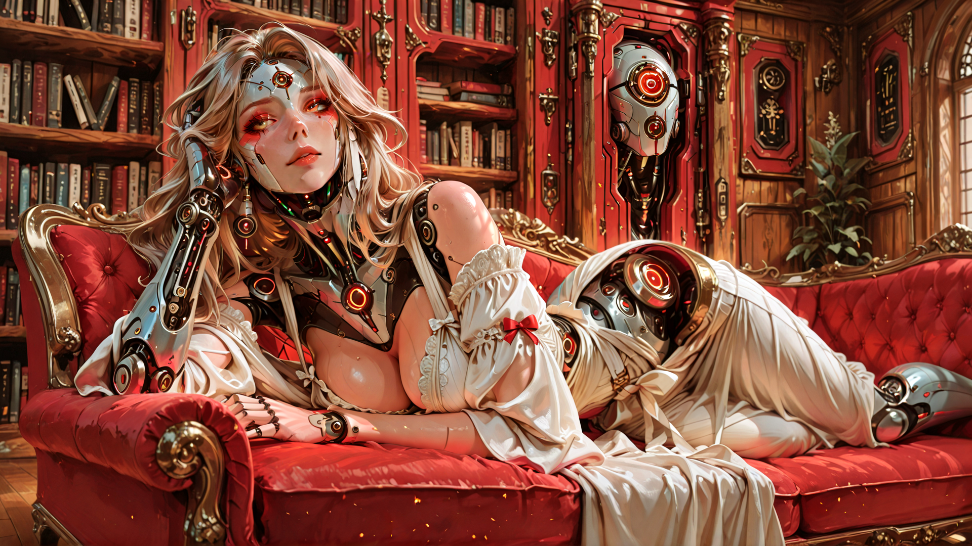 AI generated wallpaper featuring cyborg, robot, sofa, bookshelf, garden