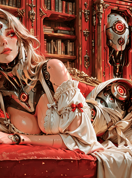 cyborg, robot, sofa, bookshelf, garden