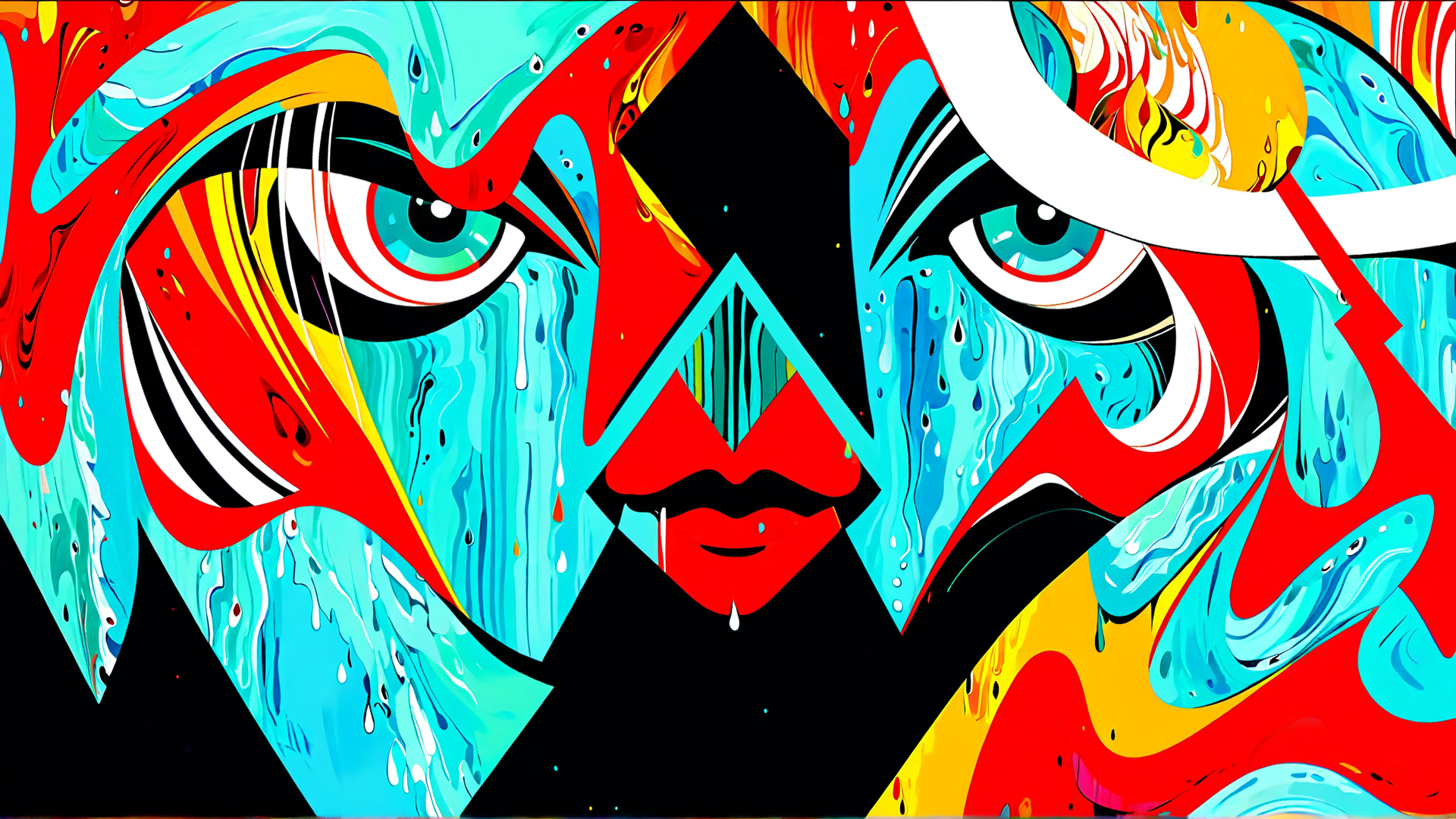 AI generated wallpaper featuring face, eyes, tears, geometric, abstract, art, painting, pattern, design, expression