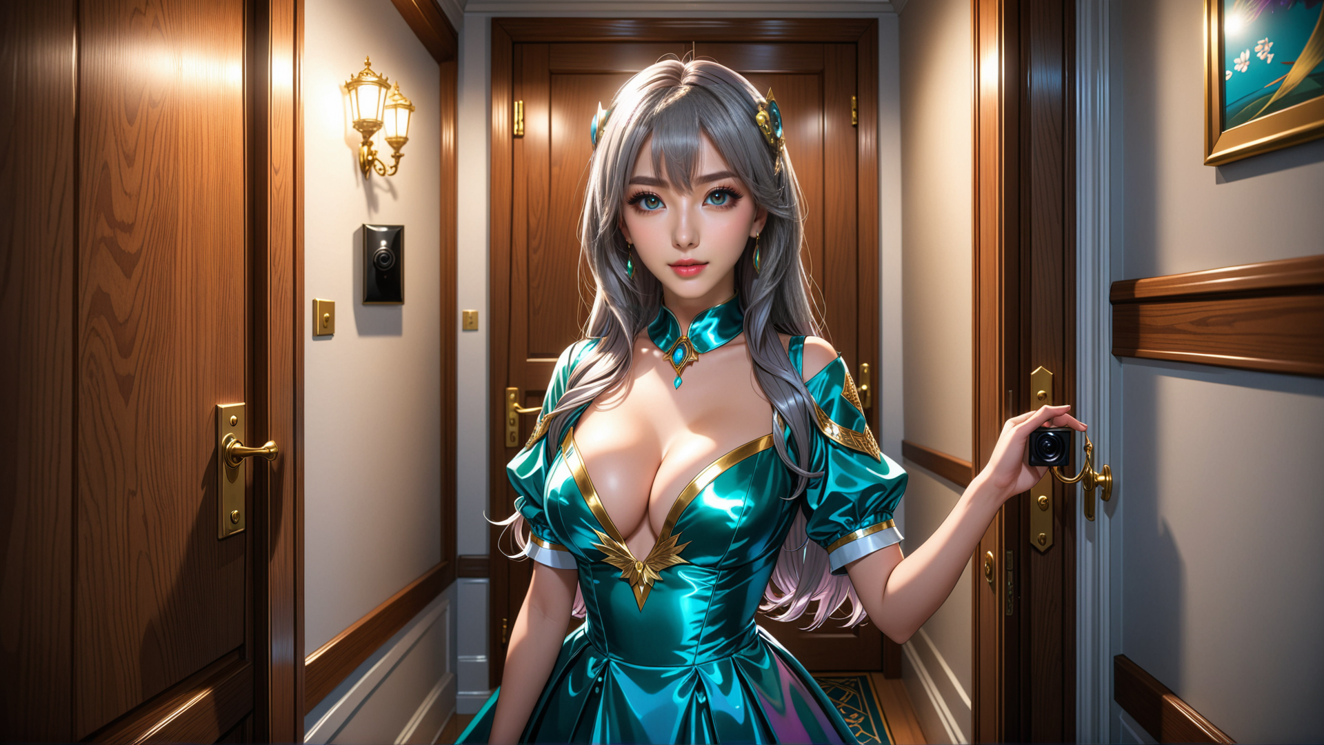 AI generated wallpaper featuring woman, camera, door