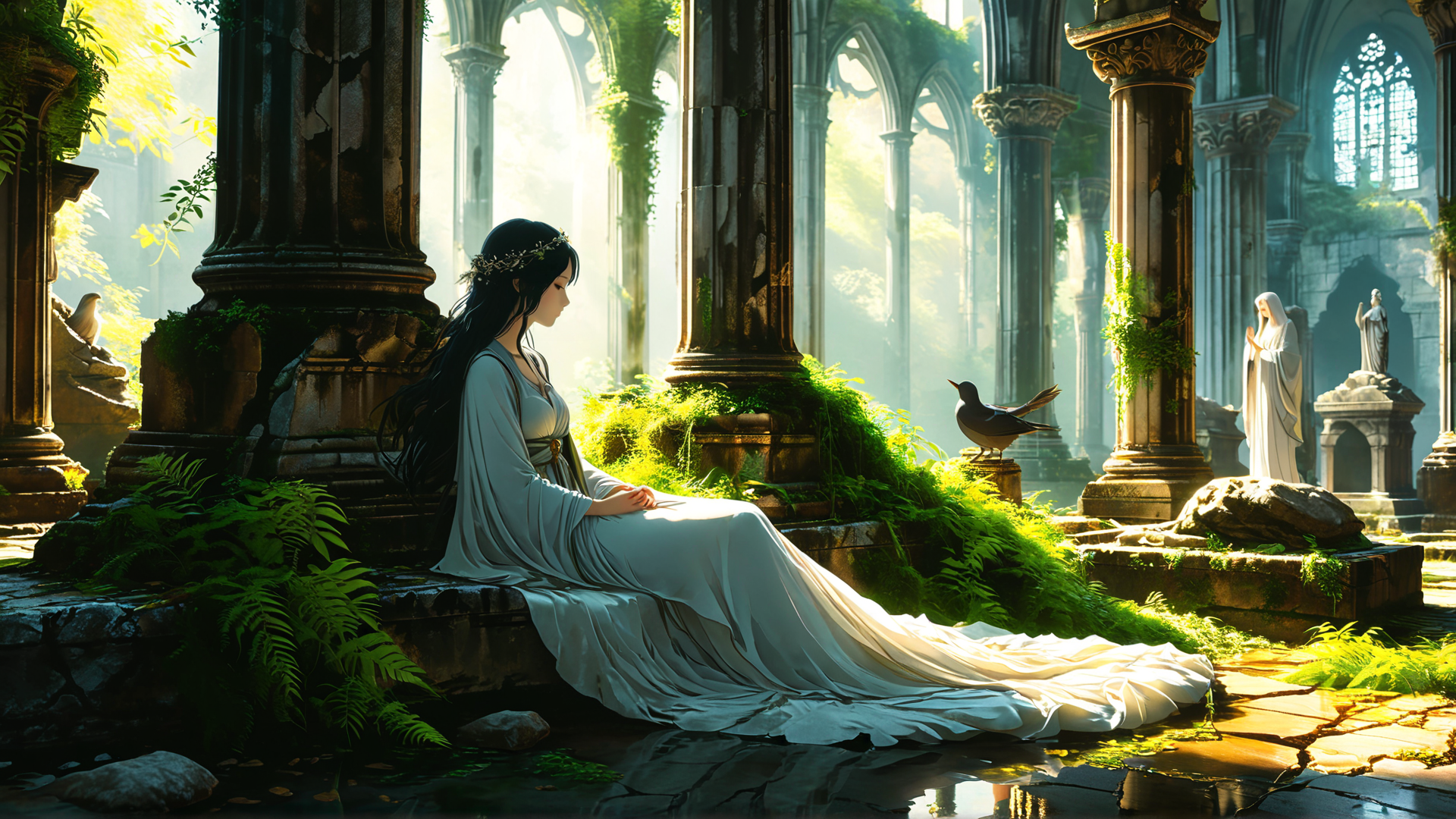 AI generated wallpaper featuring woman, bird, statue, column, plant, sunset, garden, church, sunlight, dress