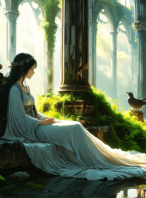 woman, bird, statue, column, plant, sunset, garden, church, sunlight, dress