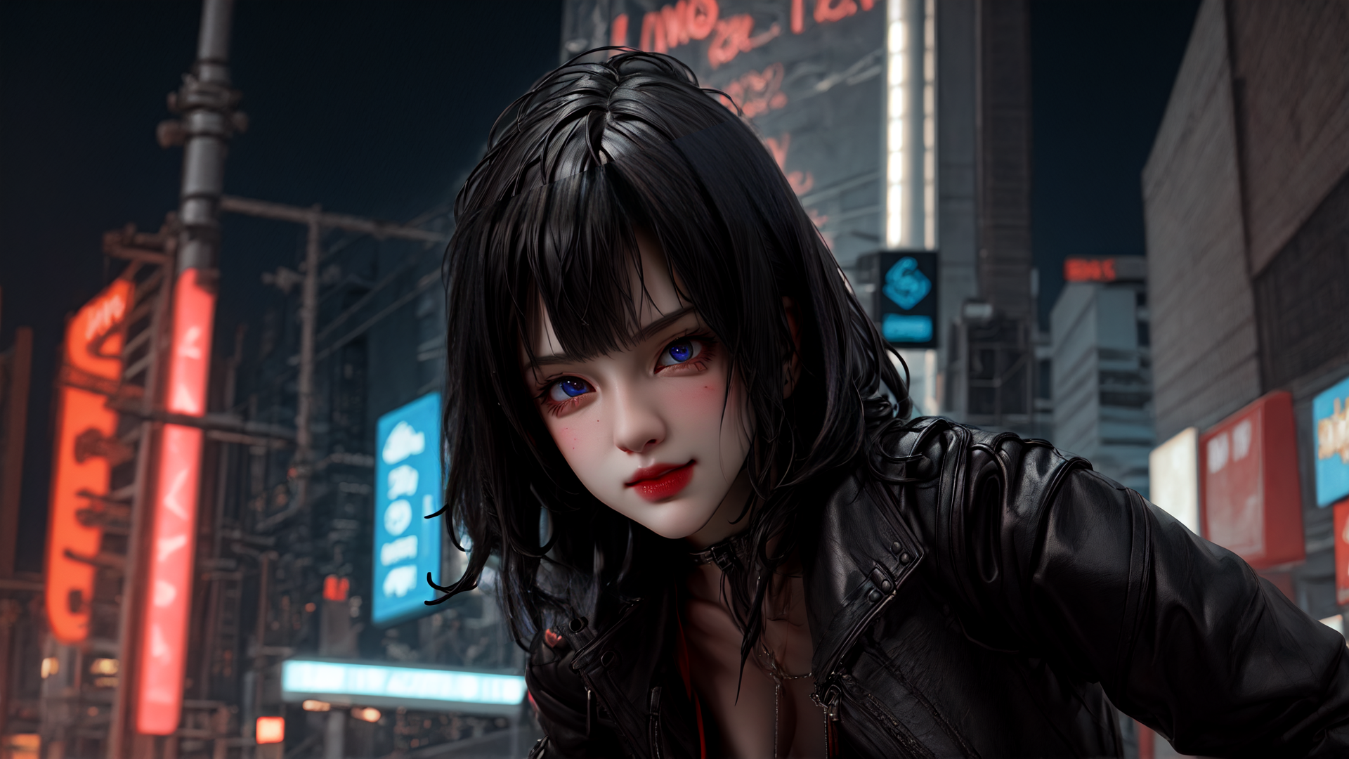 AI generated wallpaper featuring woman, cyberpunk, city