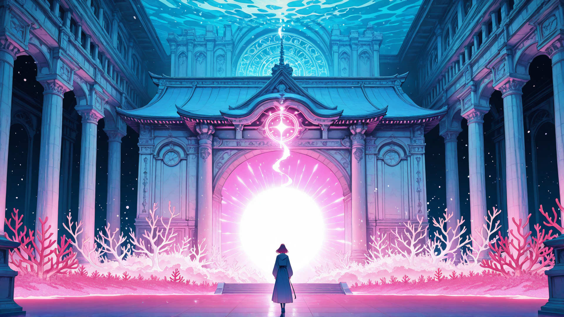 AI generated wallpaper featuring person, gates, coral, columns, archway, light, building, structure, water, stars
