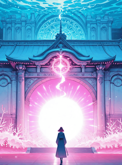 person, gates, coral, columns, archway, light, building, structure, water, stars