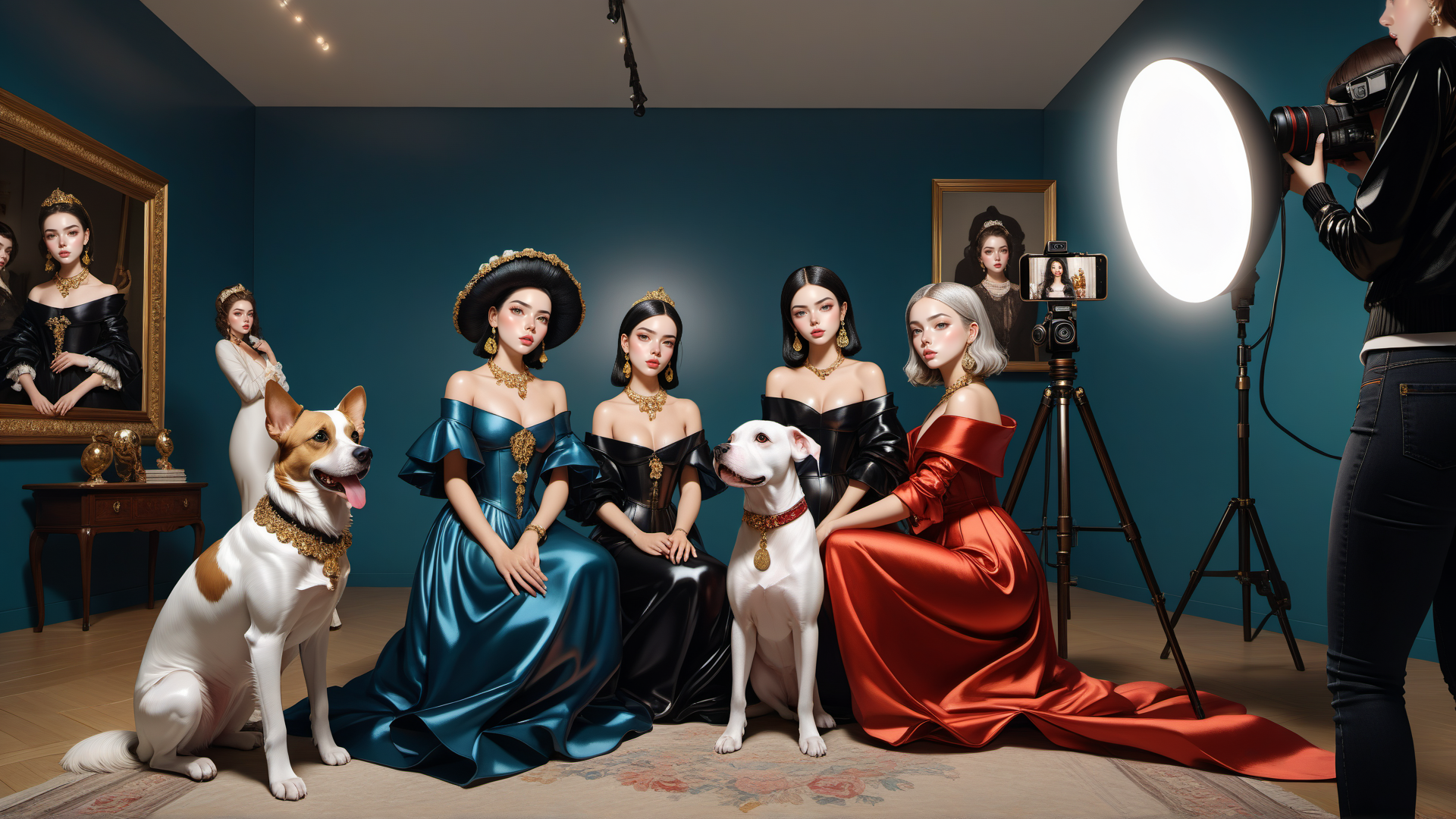 AI generated wallpaper featuring women, dogs, photographer