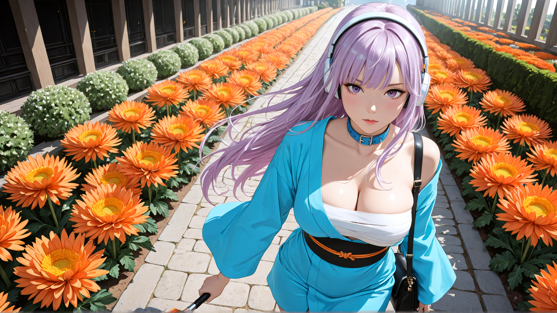 AI generated wallpaper featuring girl, flowers, headphones, dress, garden