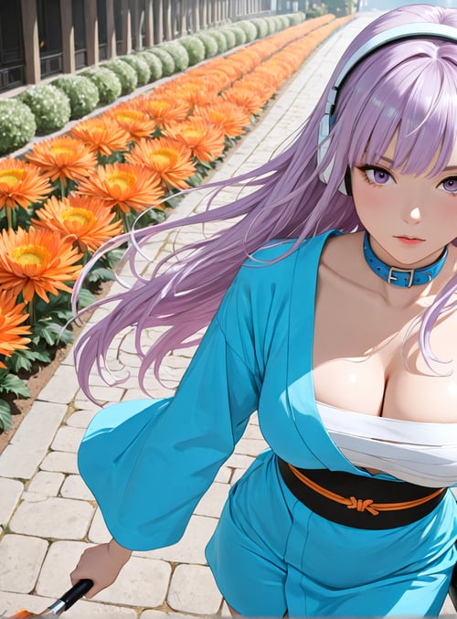 girl, flowers, headphones, dress, garden