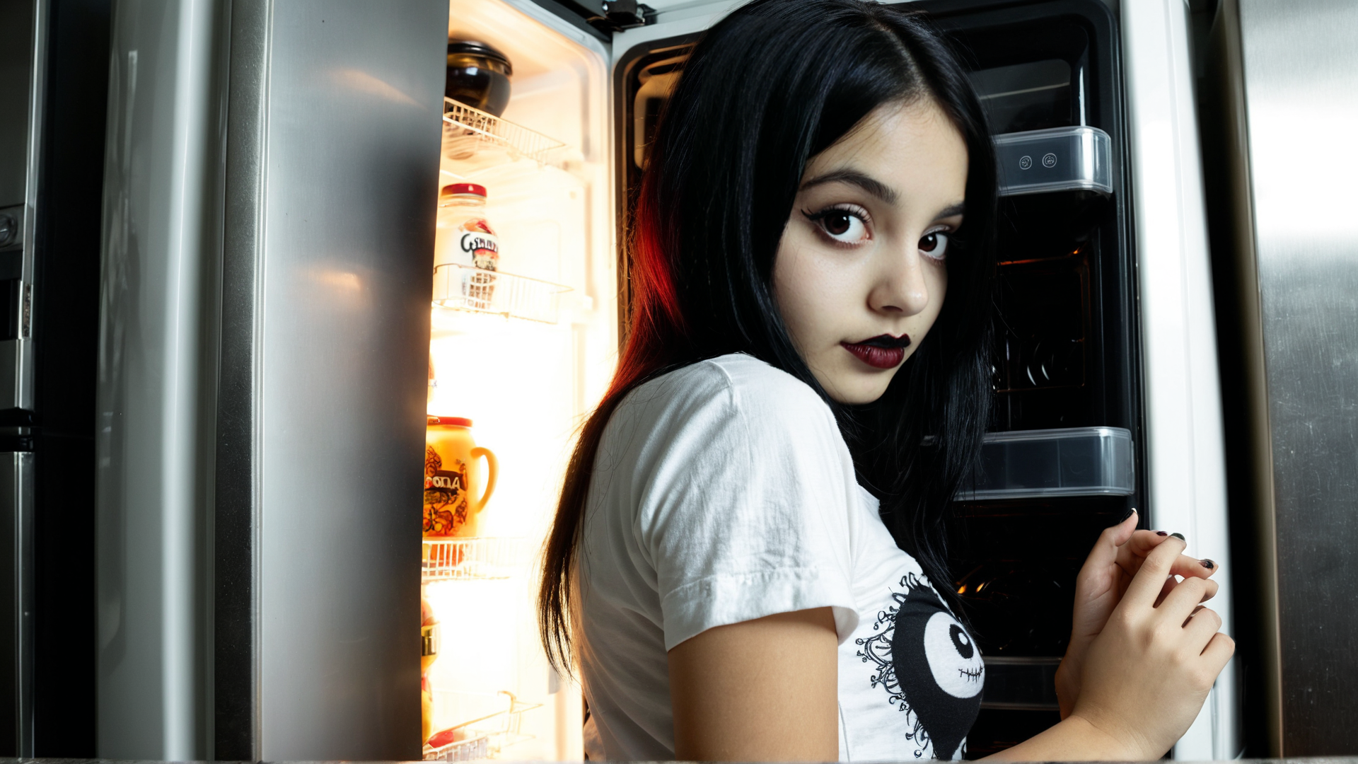 AI generated wallpaper featuring girl, fridge, t-shirt