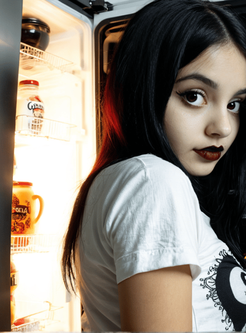girl, fridge, t-shirt
