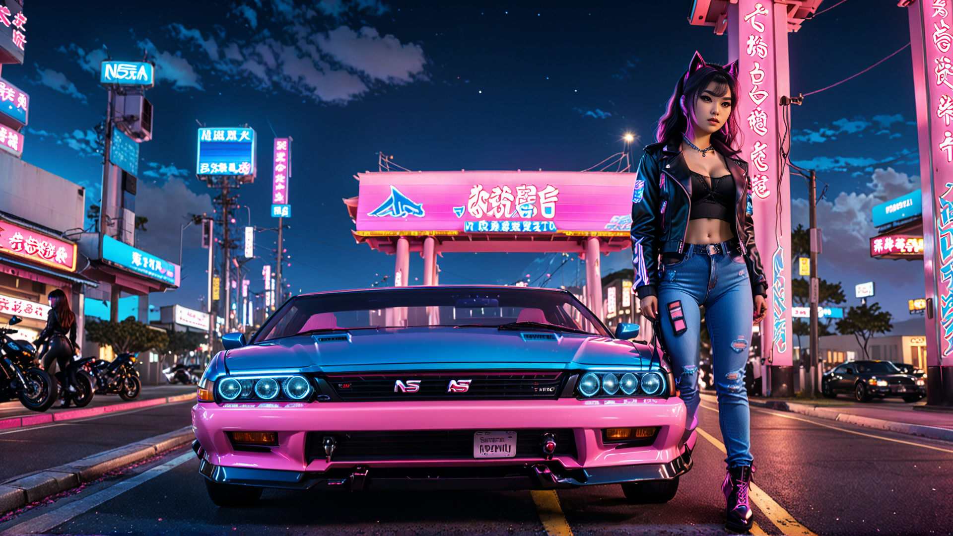 AI generated wallpaper featuring woman, car, neon