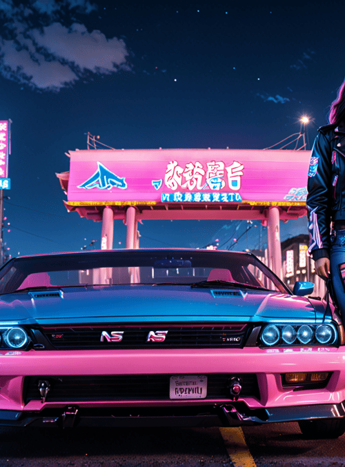 woman, car, neon