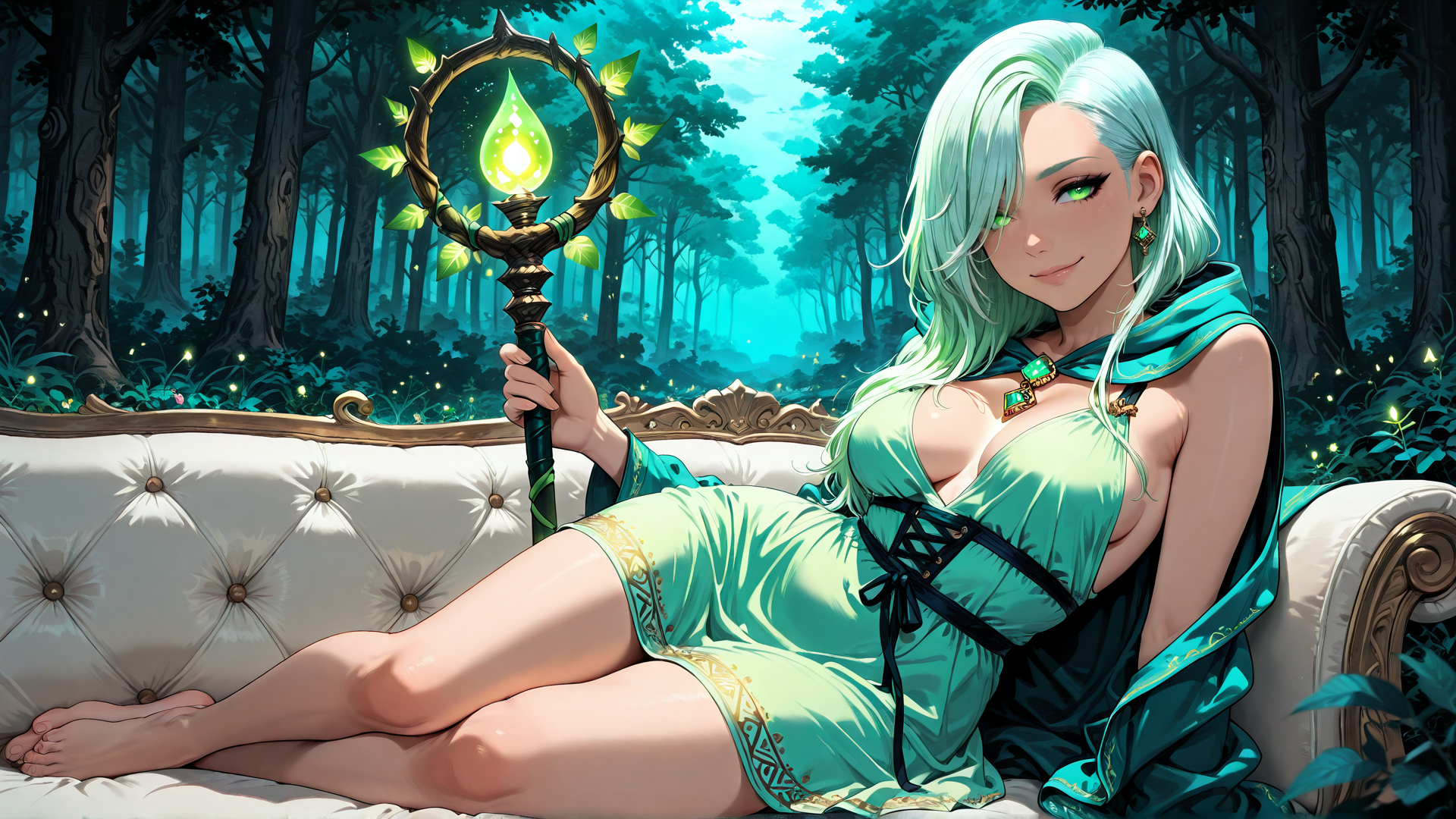 AI generated wallpaper featuring woman, elf, witch, sorceress, fairy, goddess, forest, couch, staff, magic