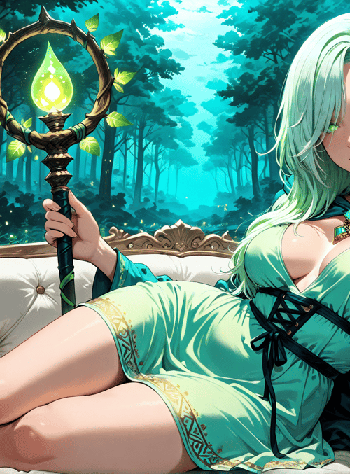 woman, elf, witch, sorceress, fairy, goddess, forest, couch, staff, magic