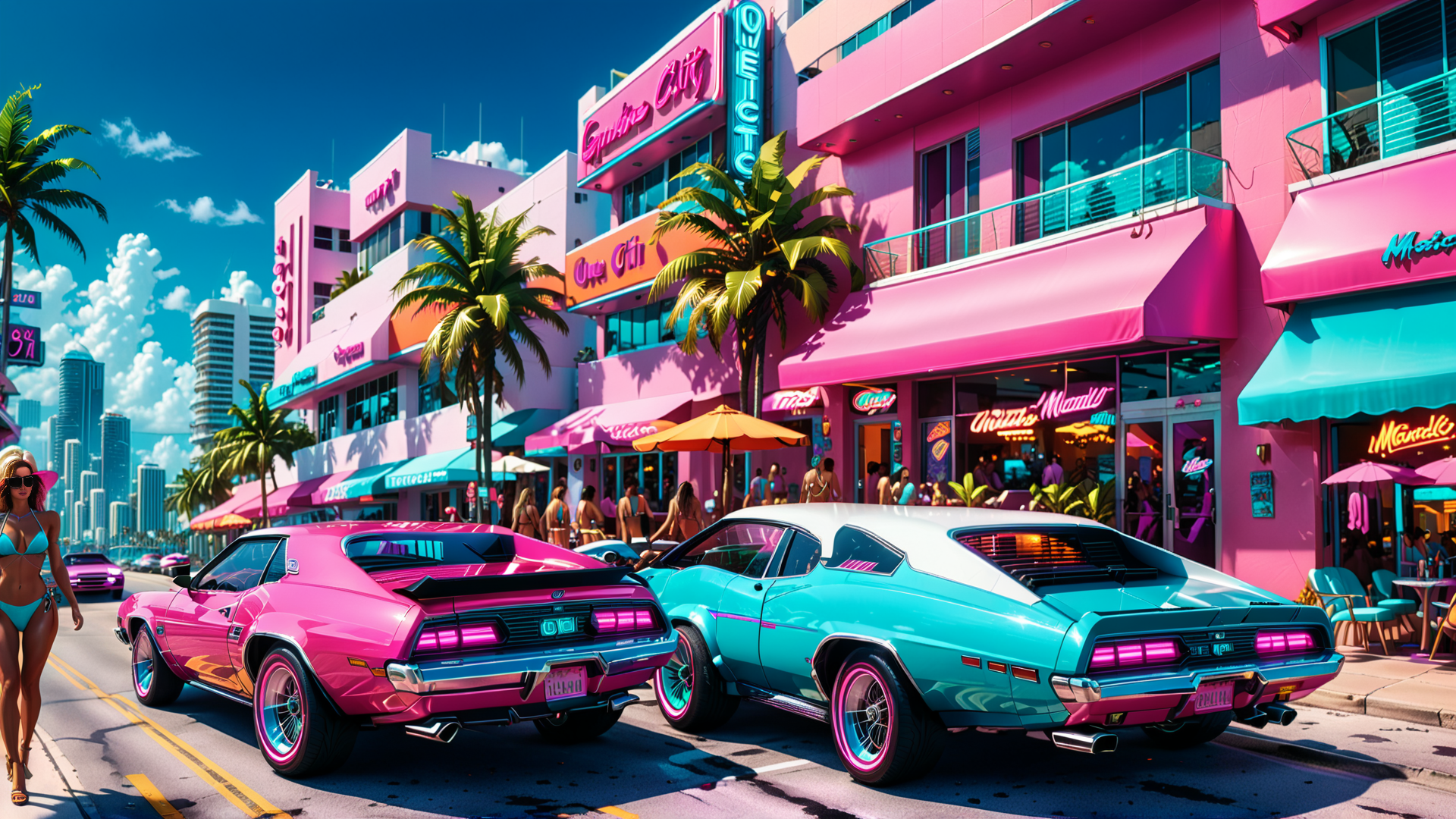 AI generated wallpaper featuring cars, buildings, people