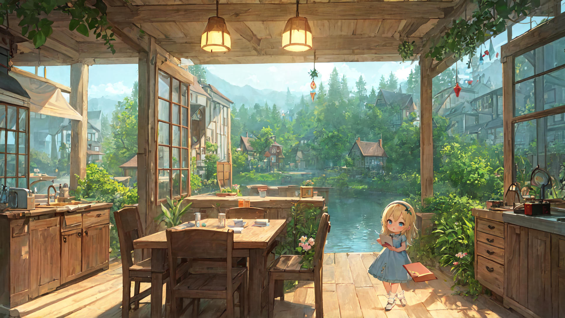 AI generated wallpaper featuring girl, table, chairs, house, river, trees, window, lamp, book, flowers