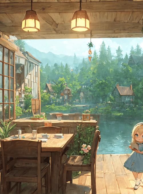 girl, table, chairs, house, river, trees, window, lamp, book, flowers