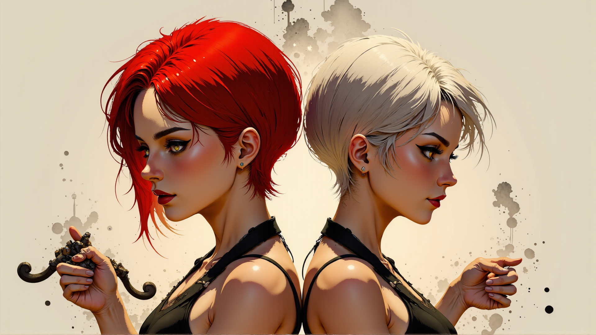 AI generated wallpaper featuring woman, red hair, blonde hair, hand, earring, shoulder, black top, cork, ink splatter, profile