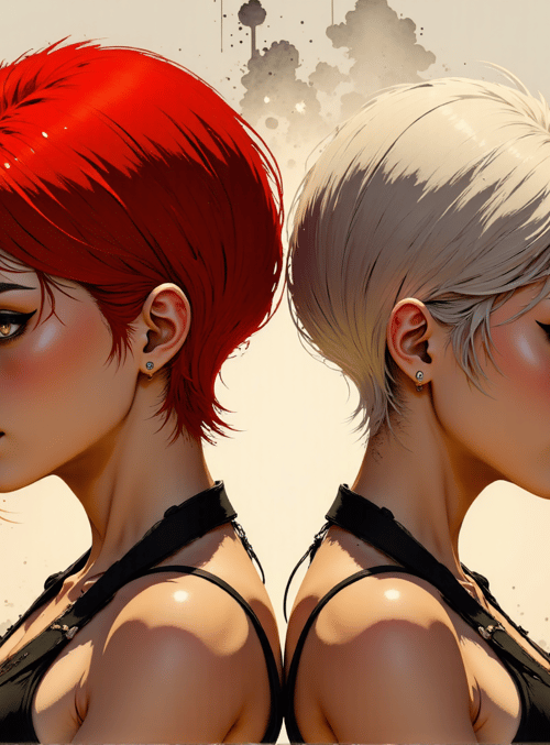 woman, red hair, blonde hair, hand, earring, shoulder, black top, cork, ink splatter, profile