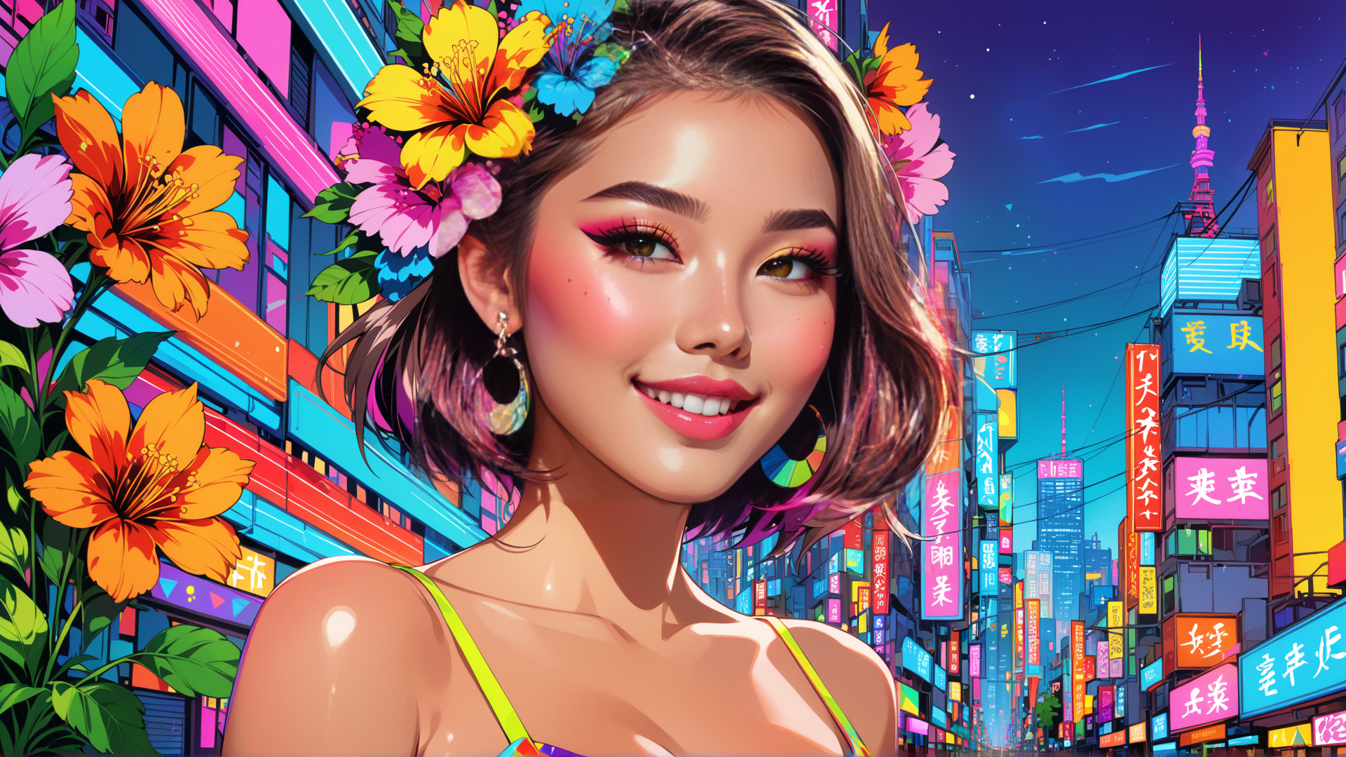 AI generated wallpaper featuring woman, flowers, cityscape