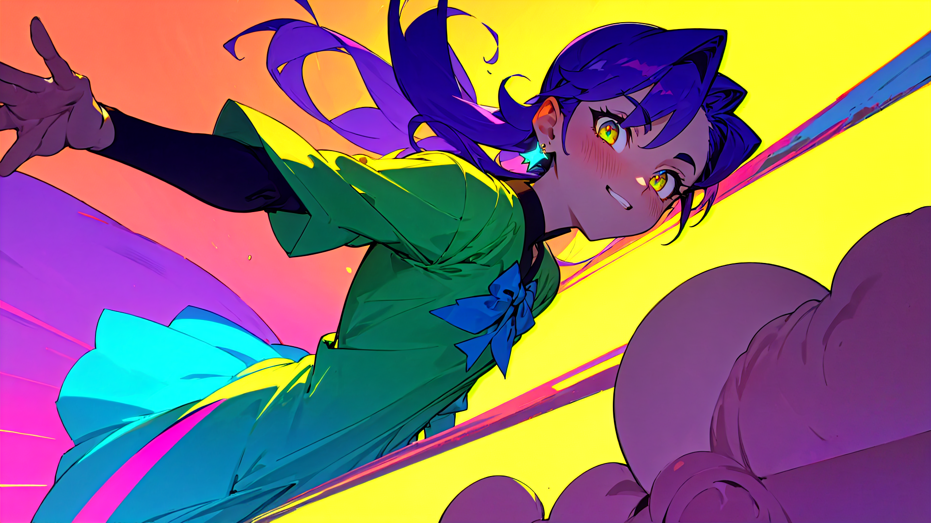 AI generated wallpaper featuring anime girl, cat ears, purple hair, green dress, blue bow, outstretched hand