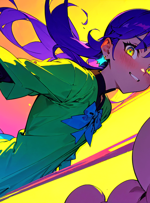 anime girl, cat ears, purple hair, green dress, blue bow, outstretched hand