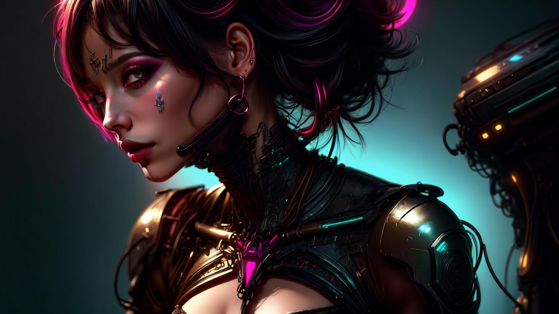 AI generated wallpaper featuring cyborg, woman, neon, gears, earring, helmet, mechanical, armor, face, hologram
