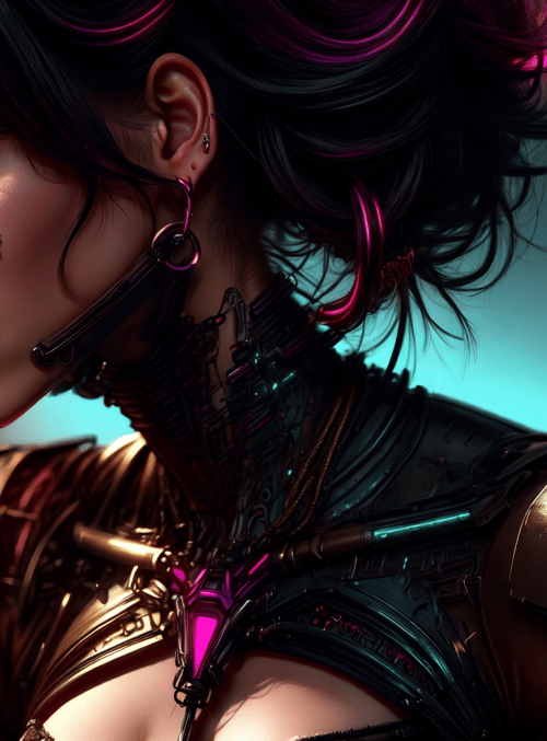 cyborg, woman, neon, gears, earring, helmet, mechanical, armor, face, hologram