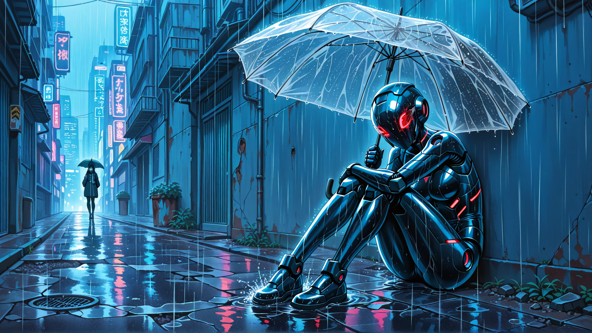 AI generated wallpaper featuring robot, umbrella, street, rain, city