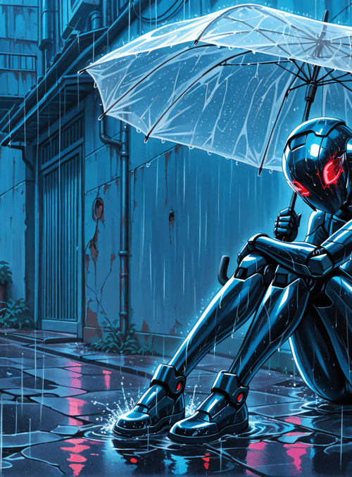 robot, umbrella, street, rain, city