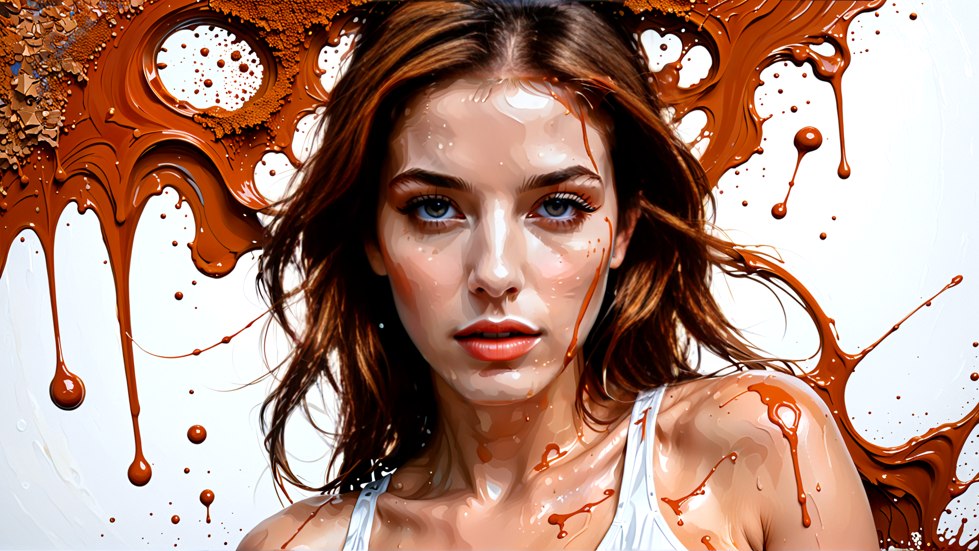AI generated wallpaper featuring woman, chocolate, sweat, drips, hair, spills