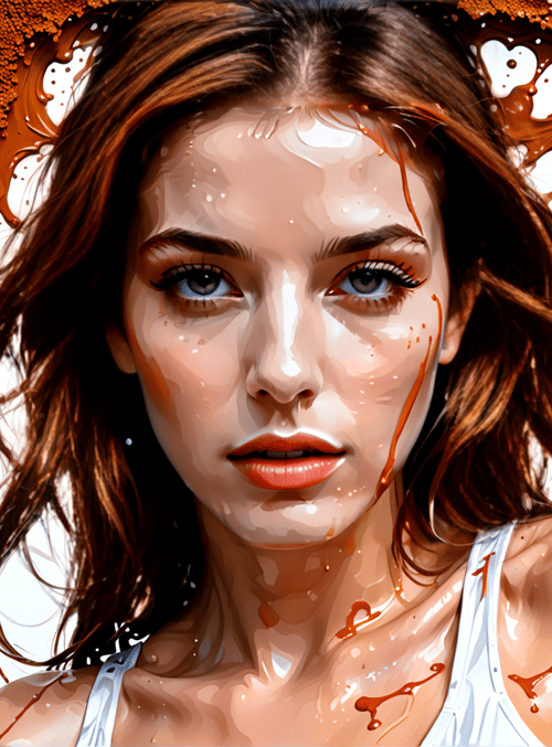 woman, chocolate, sweat, drips, hair, spills