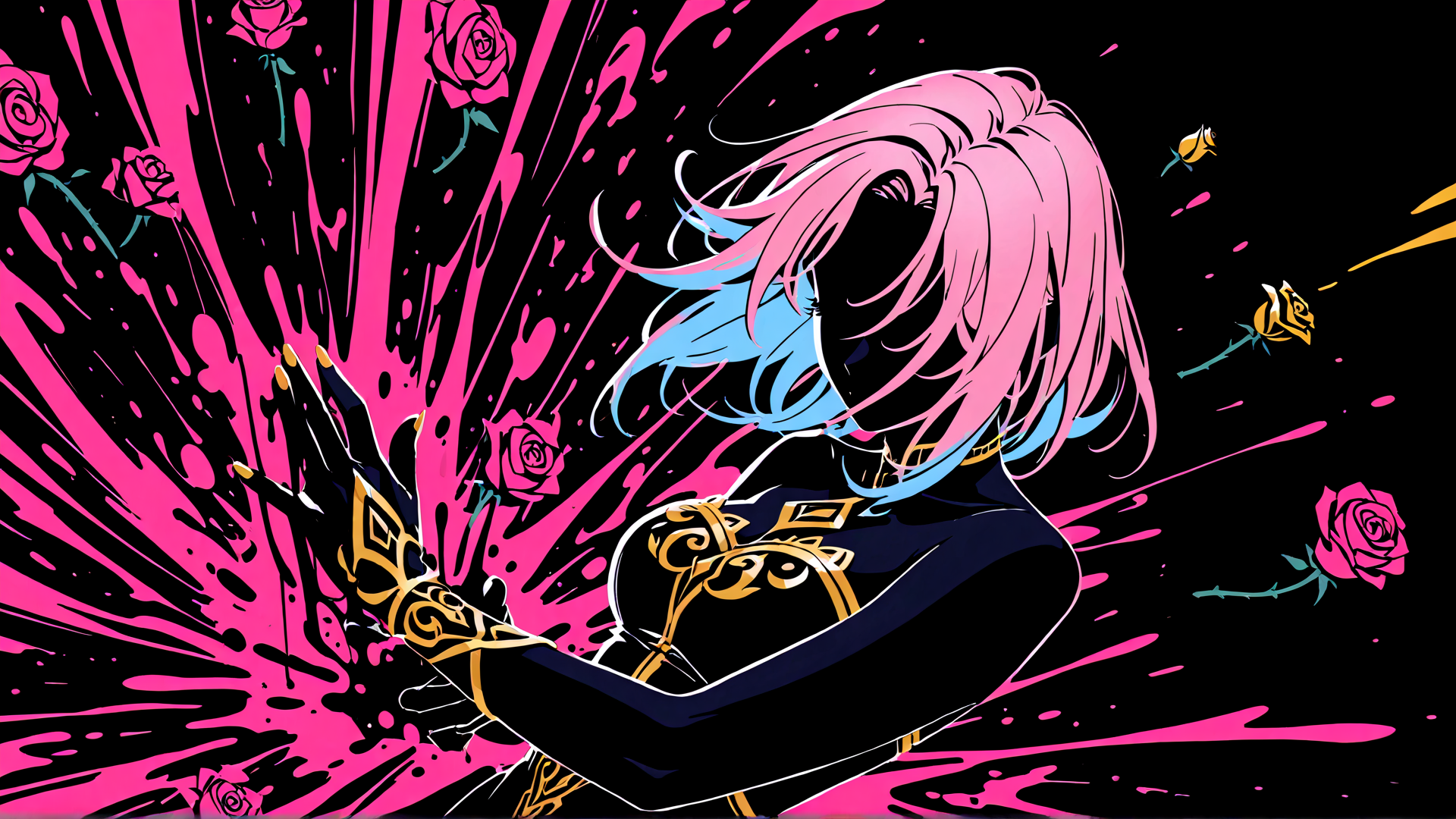 AI generated wallpaper featuring anime character, roses, splat