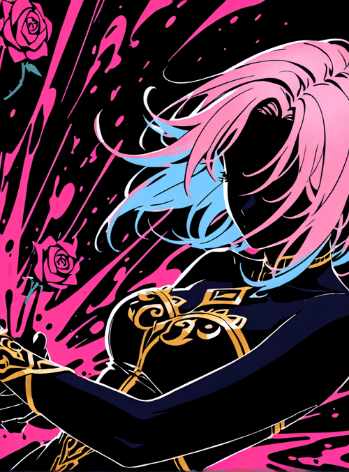 anime character, roses, splat