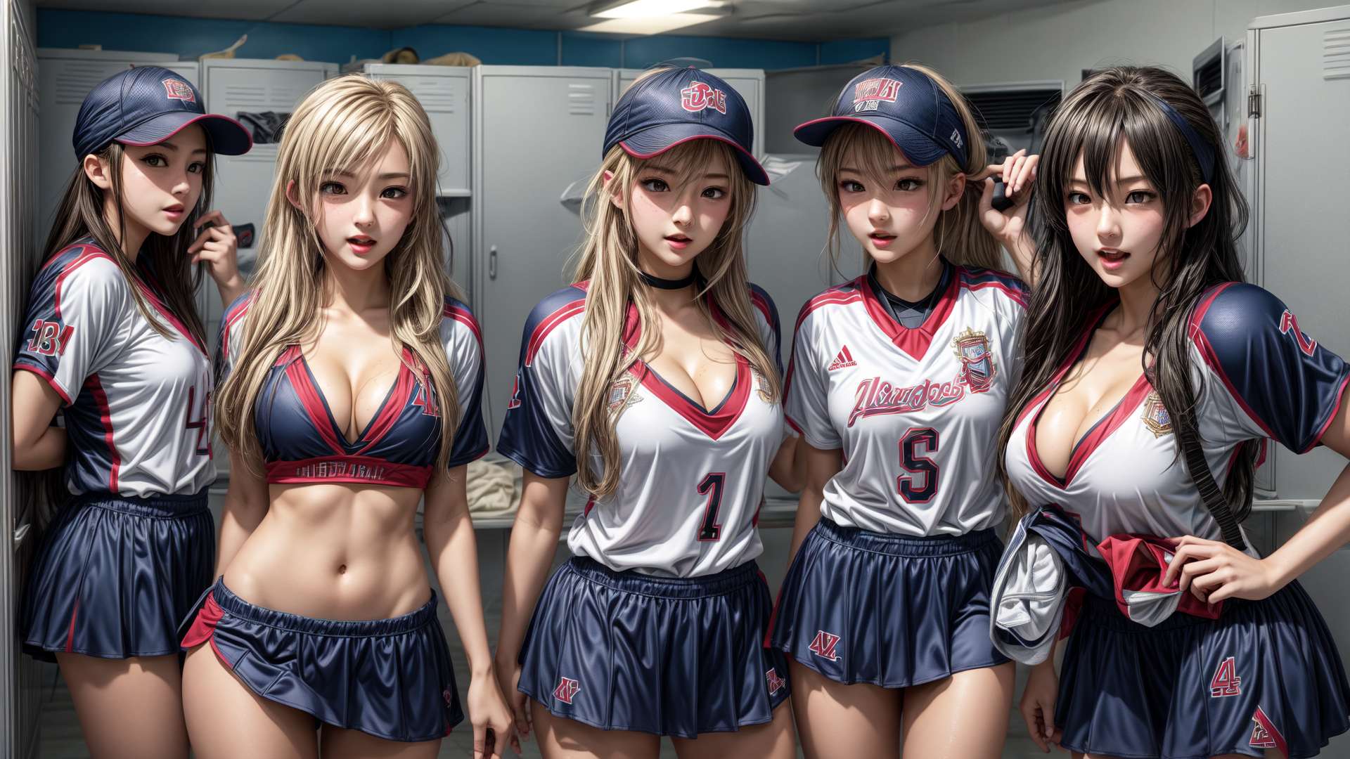 AI generated wallpaper featuring girls, sports, uniforms, baseball, team, athletes, cheerleaders, locker room, caps, shirts