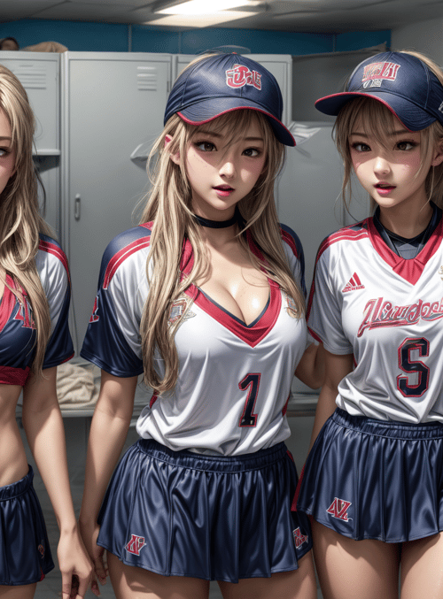 girls, sports, uniforms, baseball, team, athletes, cheerleaders, locker room, caps, shirts
