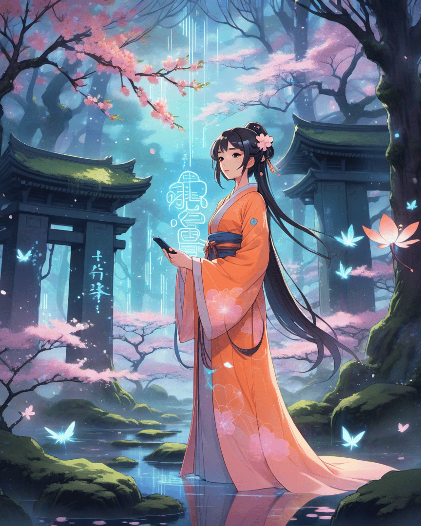 AI generated wallpaper featuring girl, cherry blossom, traditional dress