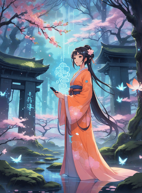 girl, cherry blossom, traditional dress