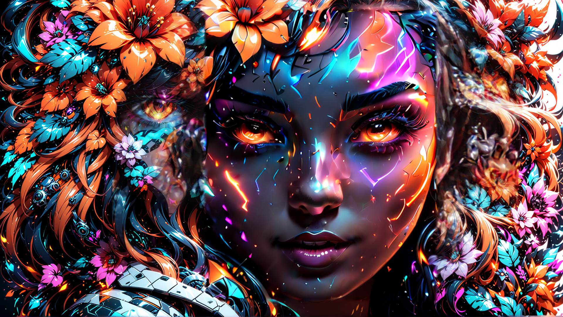 AI generated wallpaper featuring woman, flowers, cybernetics