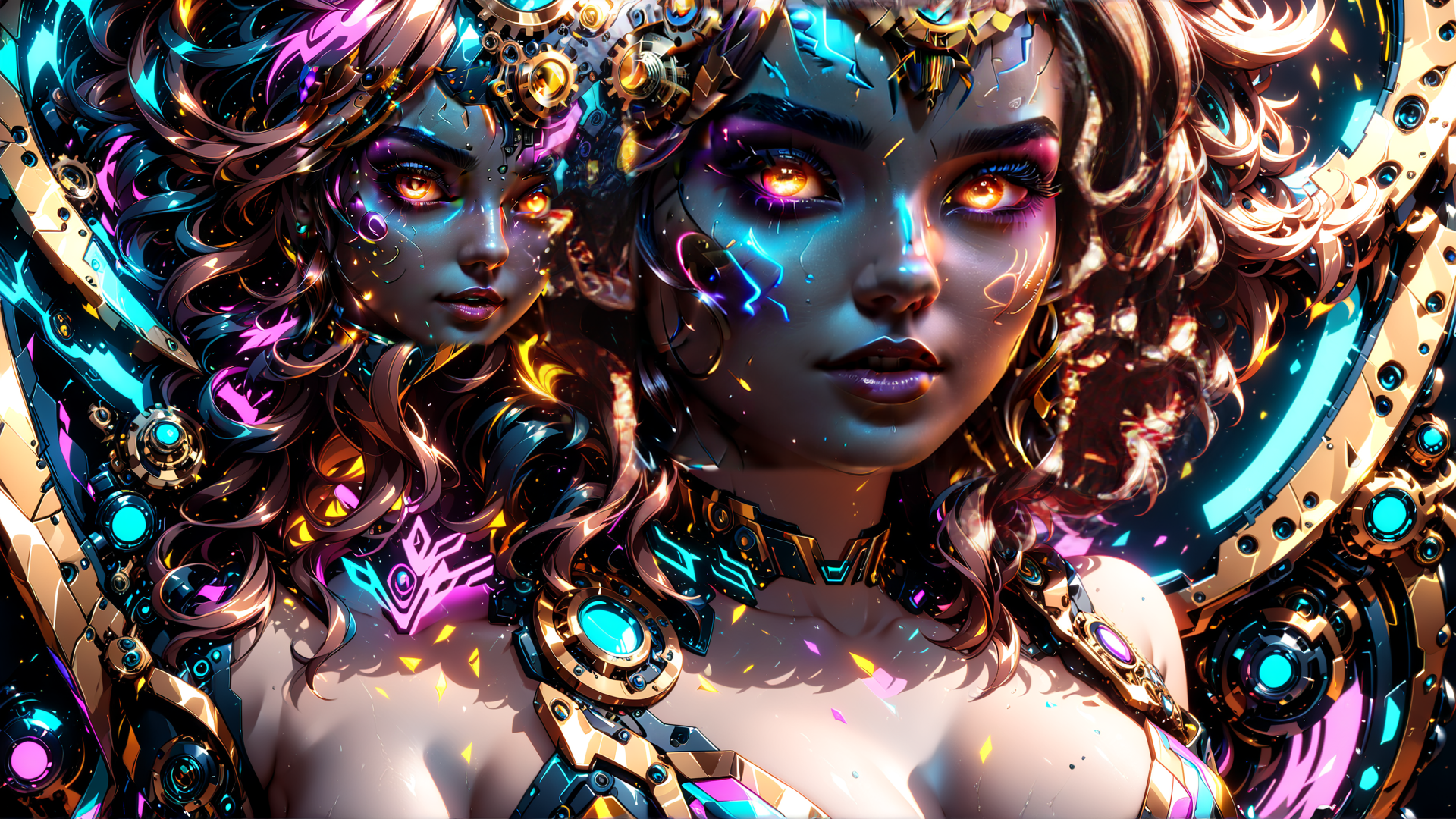AI generated wallpaper featuring cyborg, femme, neon
