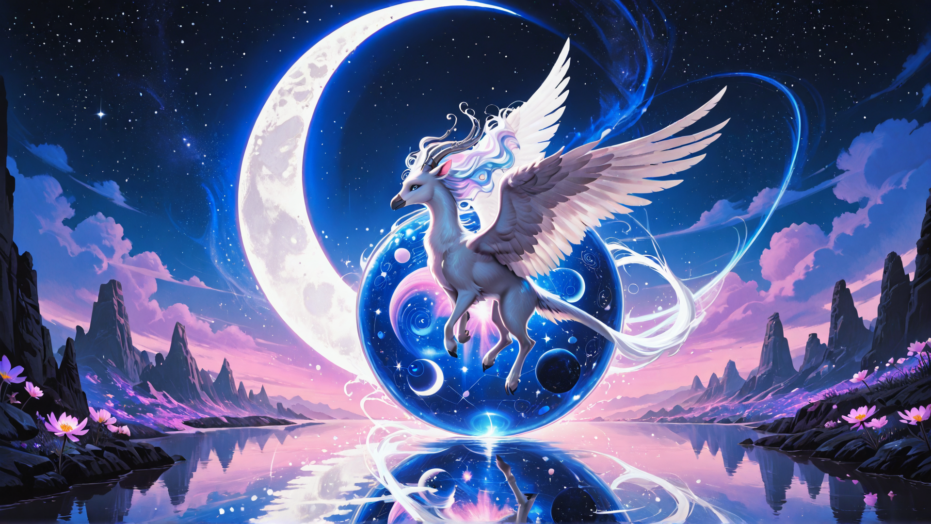 AI generated wallpaper featuring unicorn, winged, moon, planet, flower, mountain, stars, water, cloud, horn