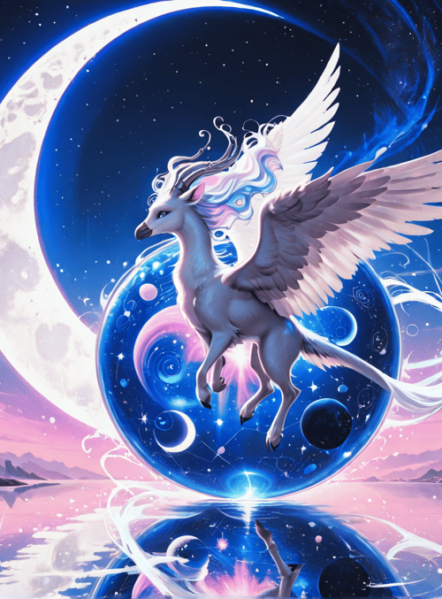 unicorn, winged, moon, planet, flower, mountain, stars, water, cloud, horn