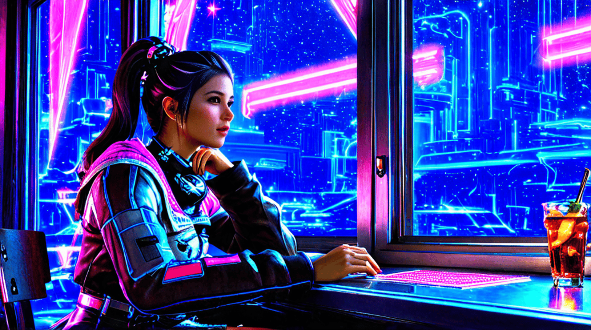 AI generated wallpaper featuring woman, cityscape, computer