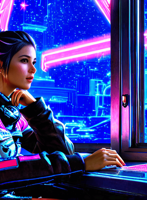woman, cityscape, computer