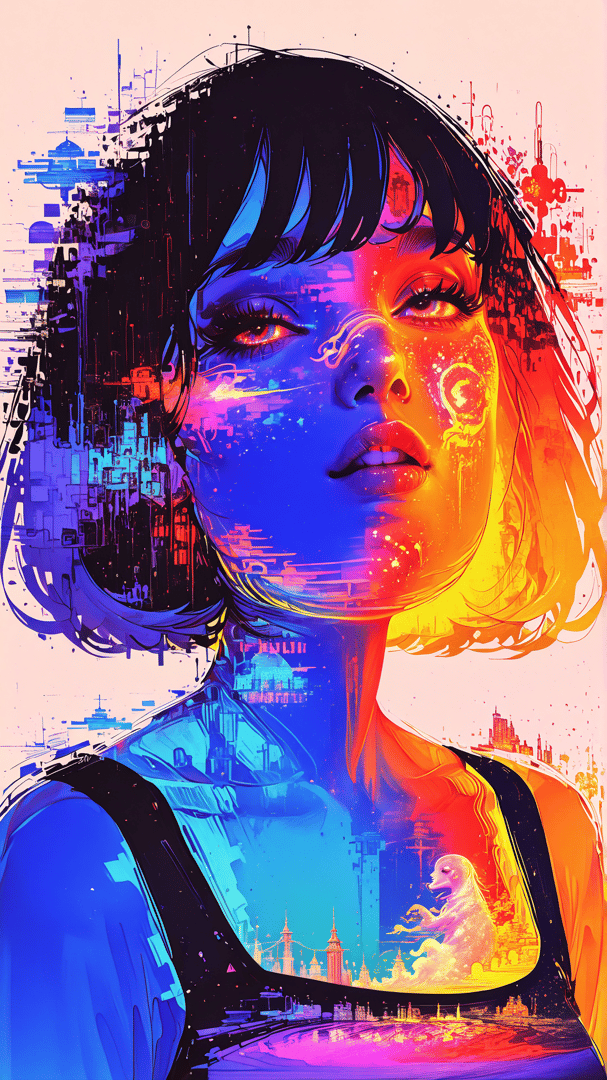AI generated wallpaper featuring woman, cityscape, digital art, abstract, neon, portrait, urban