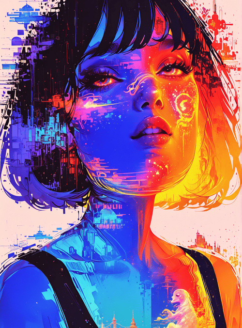 woman, cityscape, digital art, abstract, neon, portrait, urban