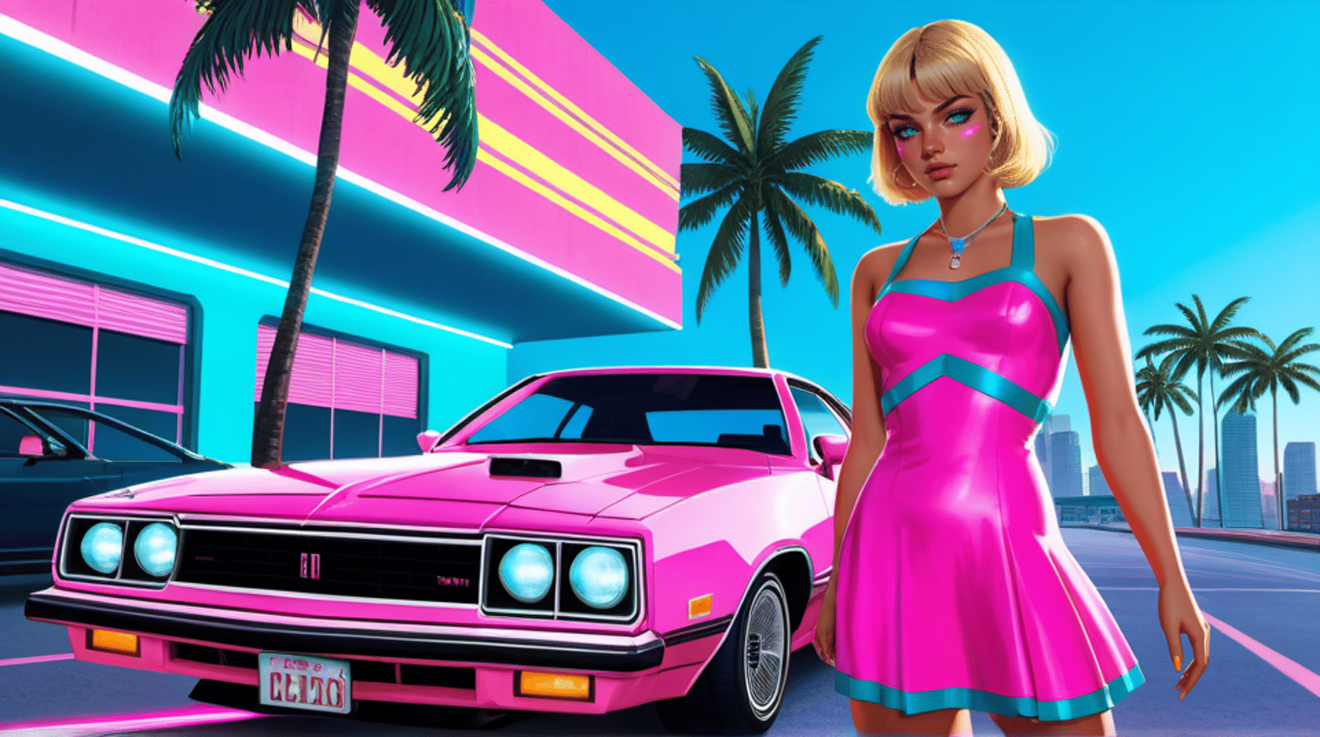 AI generated wallpaper featuring woman, car, palm tree