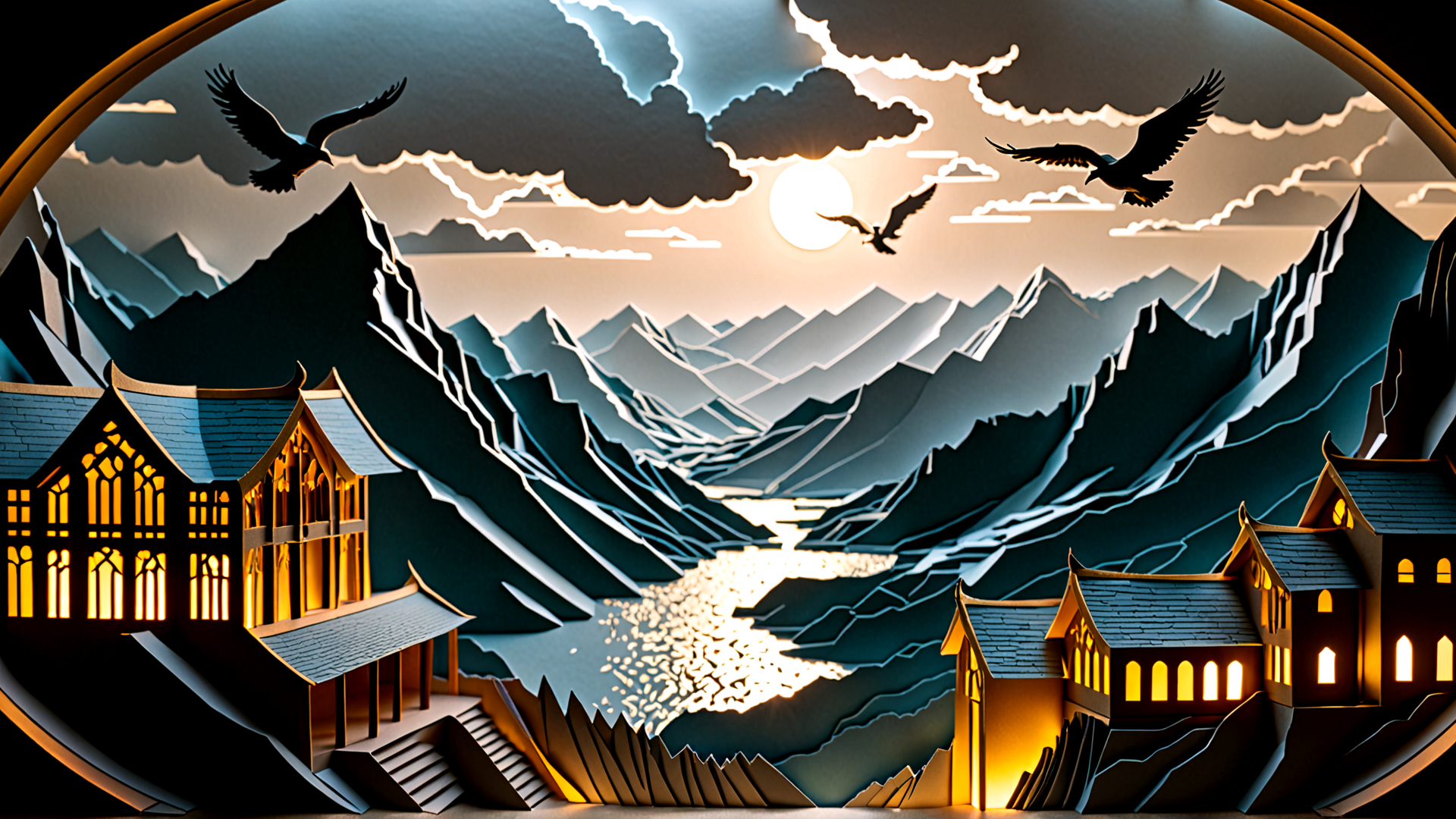 AI generated wallpaper featuring mountains, houses, eagles, sun, clouds, river, paper-cut