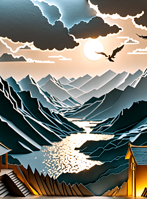 mountains, houses, eagles, sun, clouds, river, paper-cut