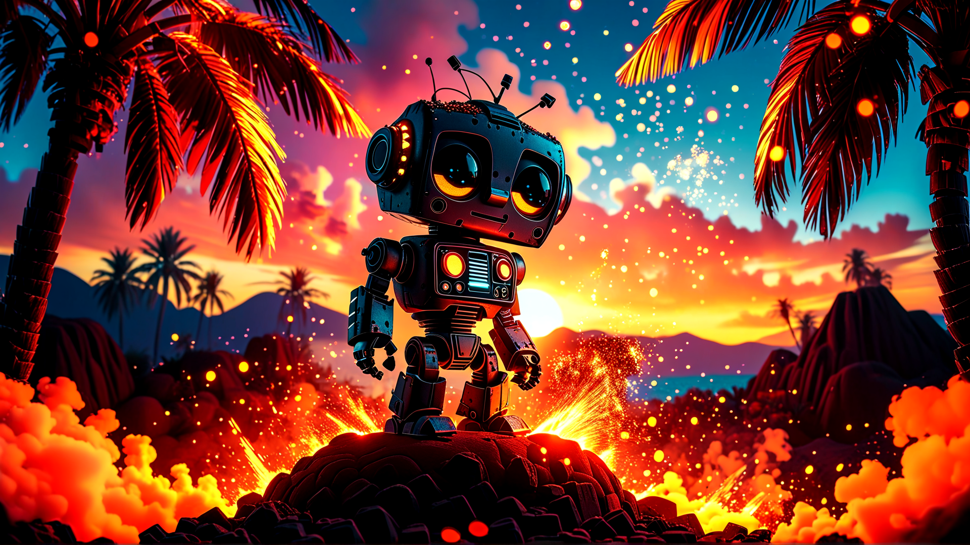 AI generated wallpaper featuring robot, palm tree, volcano, sunset, sparkle